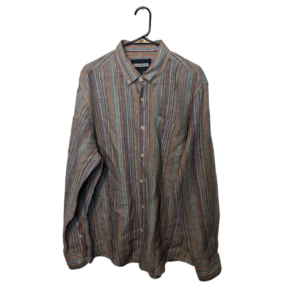 32 Bar Blues Shirt Mens XL Multicolor Striped 100% Linen Long Sleeve Button Down